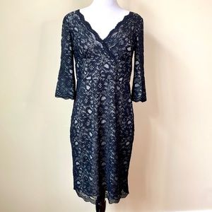 Adrianna Papell Black Lace V-Neck 3/4 Sleeve Dress